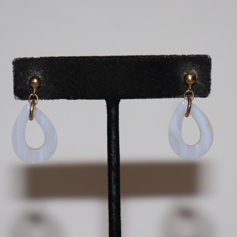 💛💙 Vintage Gold & Blue Lace Agate Dangle Earrings · Post · 1 1/8" · natural